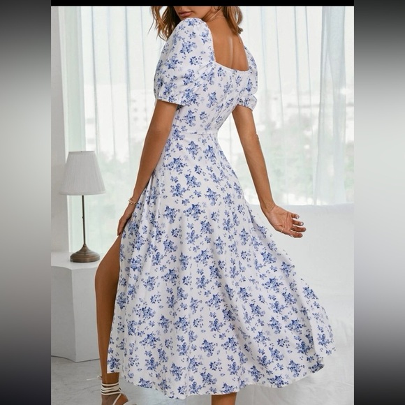 Shein Milkmaid Dress Blue White Floral French Drawstring Cottagecore Small - Picture 3 of 6